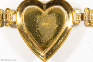 VINTAGE CORO GOLD TONE EMERALD GREEN RHINESTONES HEART BRACELET - 1950s