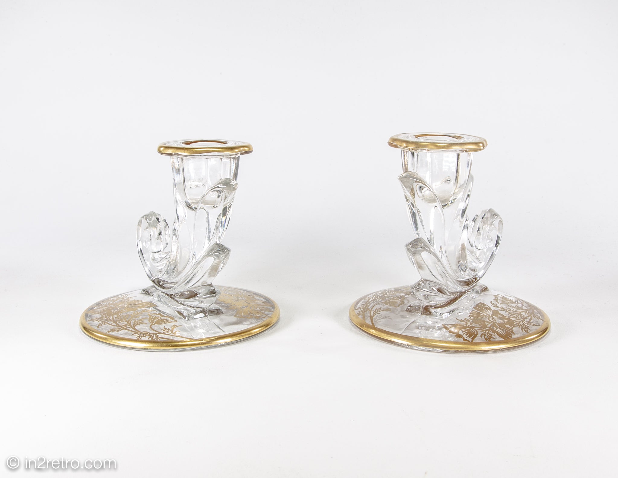 FOSTORIA BAROQUE GLASS CANDLESTICKS WITH GOLD OVERLAY