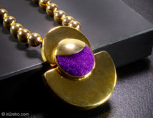 Load image into Gallery viewer, VINTAGE POLISHED GOLD BEADS PURPLE FAUX SUEDE BOLD PENDANT NECKLACE
