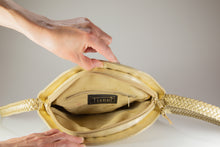 Load image into Gallery viewer, VINTAGE TIANNI GOLDEN PLEATHER WOVEN SHOULDER BUCKET BAG/ CROSSBODY WITH BRAIDED STRAP
