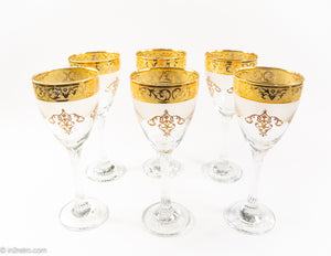 VINTAGE GOLD DECORATED WINE STEMWARE WITH TWISTED STEMS SET OF SIX/ ITALY?