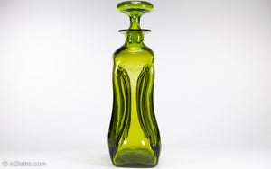 MID CENTURY PINCHED GLASS MOUTH BLOWN GREEN DECANTER/BOTTLE WITH STOPPER