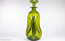 Load image into Gallery viewer, MID CENTURY PINCHED GLASS MOUTH BLOWN GREEN DECANTER/BOTTLE WITH STOPPER
