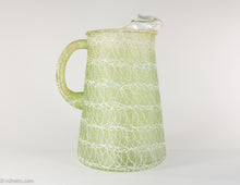 Load image into Gallery viewer, VINTAGE SET OF SPAGHETTI STRING GREEN GLASS PITCHER AND 6 COLORFUL GLASSES/TUMBLERS- 1960S
