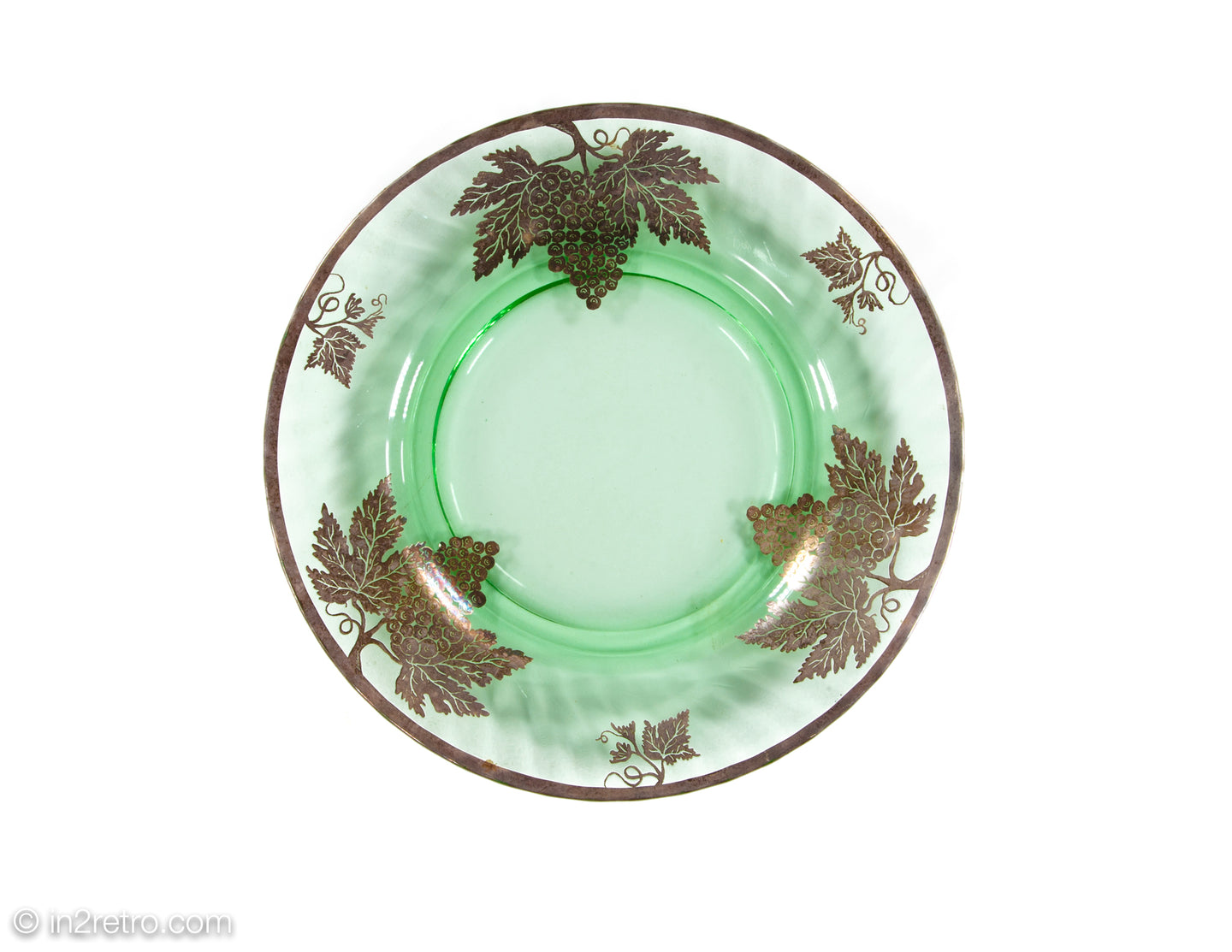 RARE VINTAGE GREEN GLASS WITH SILVER OVERLAY DESSERT PLATE WITH GRAPES & LEAVES MOTIF