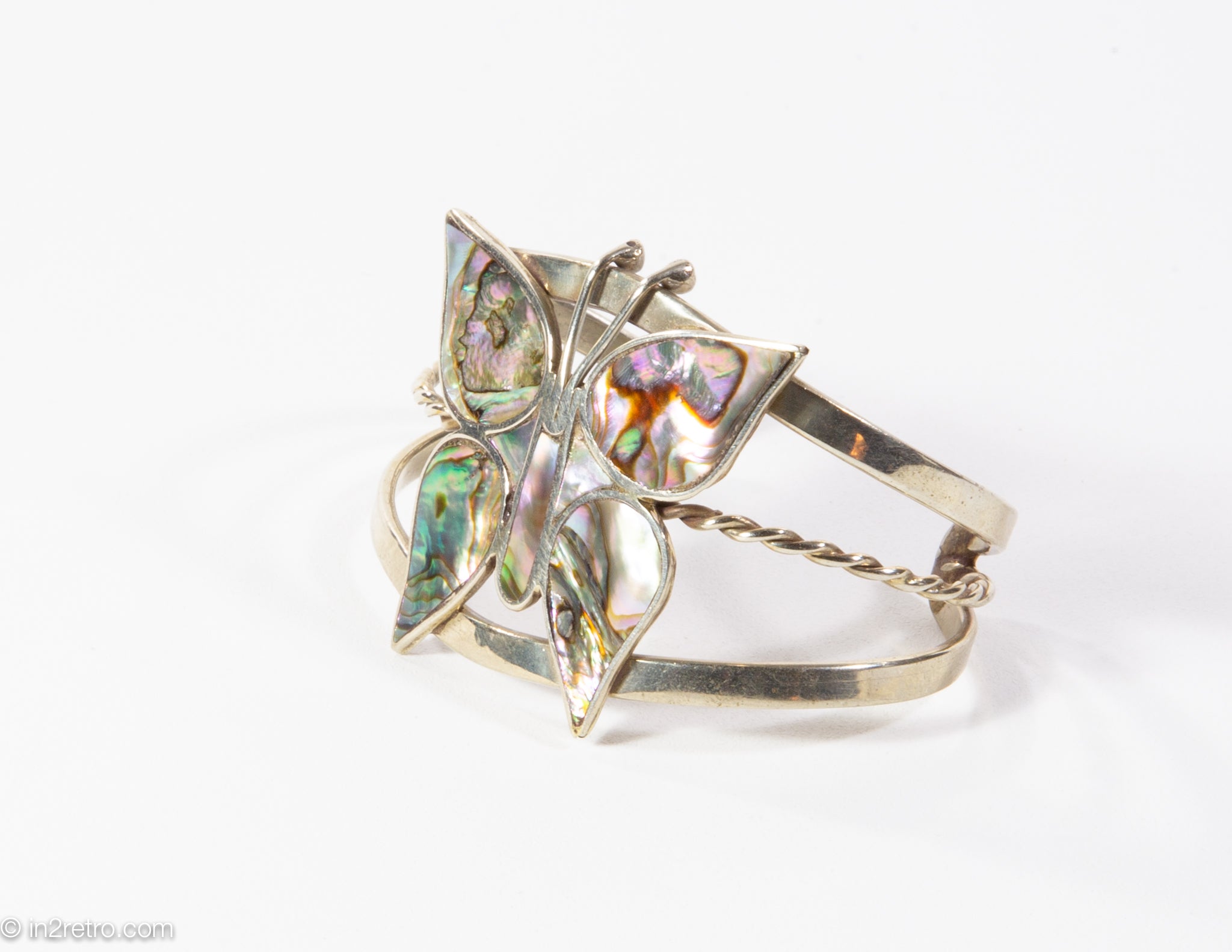 Vintage Silver Abalone Shell Butterfly Cuff Bracelet alpaca