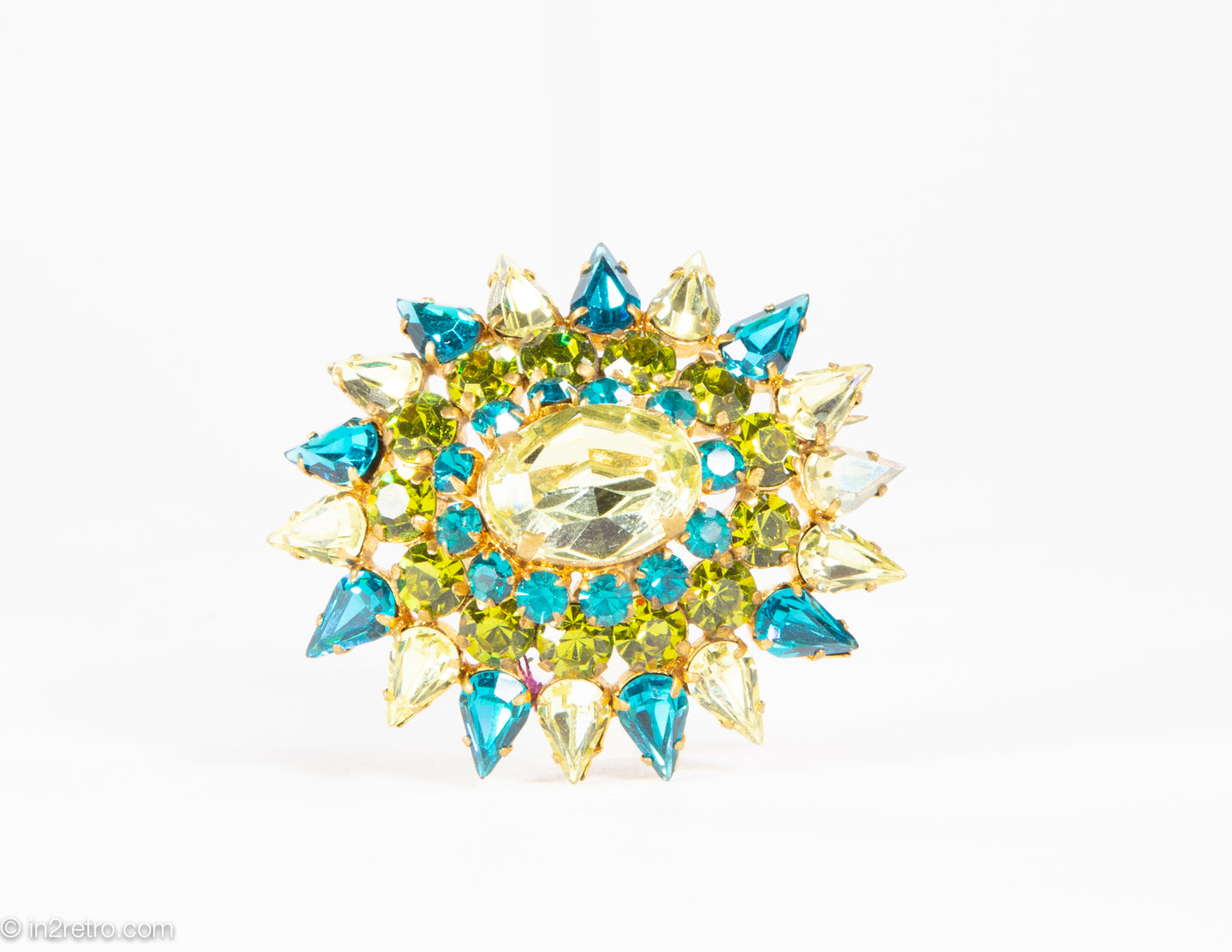VINTAGE AUSTRIA TURQUOISE LIME GREEN AND YELLOW PIN/BROOCH