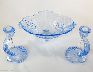 CAMBRIDGE CAPRICE MOONLIGHT BLUE BOWL WITH MATCHING PAIR OF CANDLESTICKS