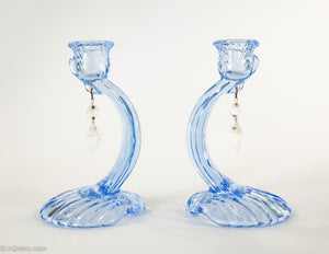CAMBRIDGE CAPRICE MOONLIGHT BLUE BOWL WITH MATCHING PAIR OF CANDLESTICKS