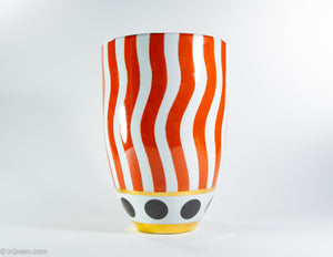STRIKING BOLD RED/WHITE STRIPED FRENCH VASE WITH GOLD BOTTOM ACCENT | SIGNED FREDRICK DELUCA, PARIS