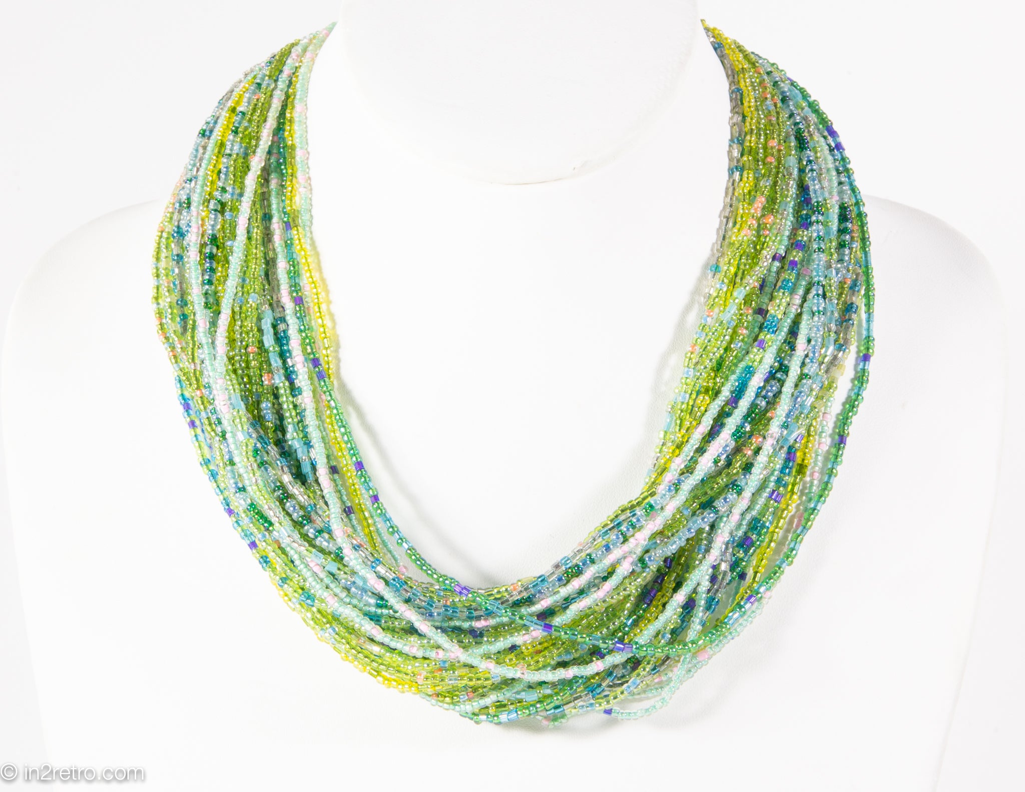 VINTAGE IRIDESCENT GREEN SEED BEADS MULTI-STRANDS TORSADE NECKLACE –  in2retro