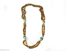 Load image into Gallery viewer, VINTAGE GENUINE TIGER&#39;S EYE MULTI-STRAND BEADS AND CARVED TURQUOISE STATIONS LONG NECKLACE

