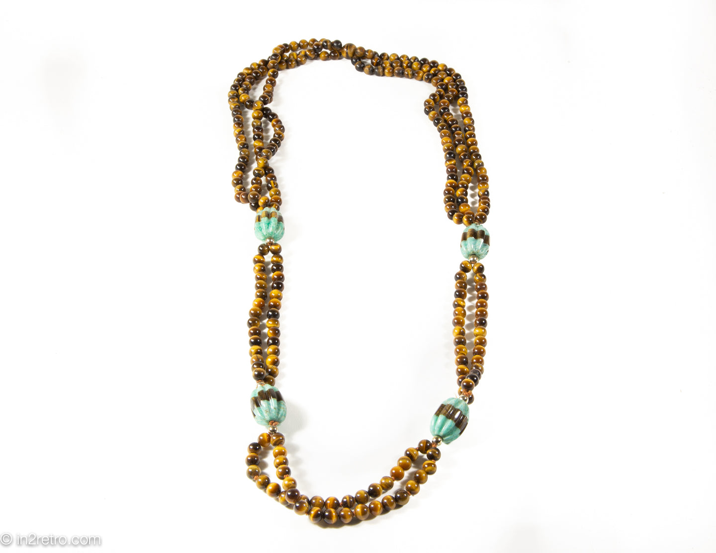 VINTAGE GENUINE TIGER'S EYE MULTI-STRAND BEADS AND CARVED TURQUOISE STATIONS LONG NECKLACE