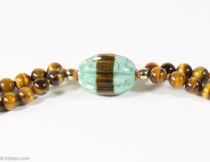 VINTAGE GENUINE TIGER'S EYE MULTI-STRAND BEADS AND CARVED TURQUOISE STATIONS LONG NECKLACE