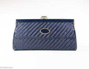 VINTAGE CREAZIONI LUCY SHOULDER BAG/CLUTCH NAVY BLUE WOVEN FABRIC / PATENT FRAME WITH CHAIN - 1960s