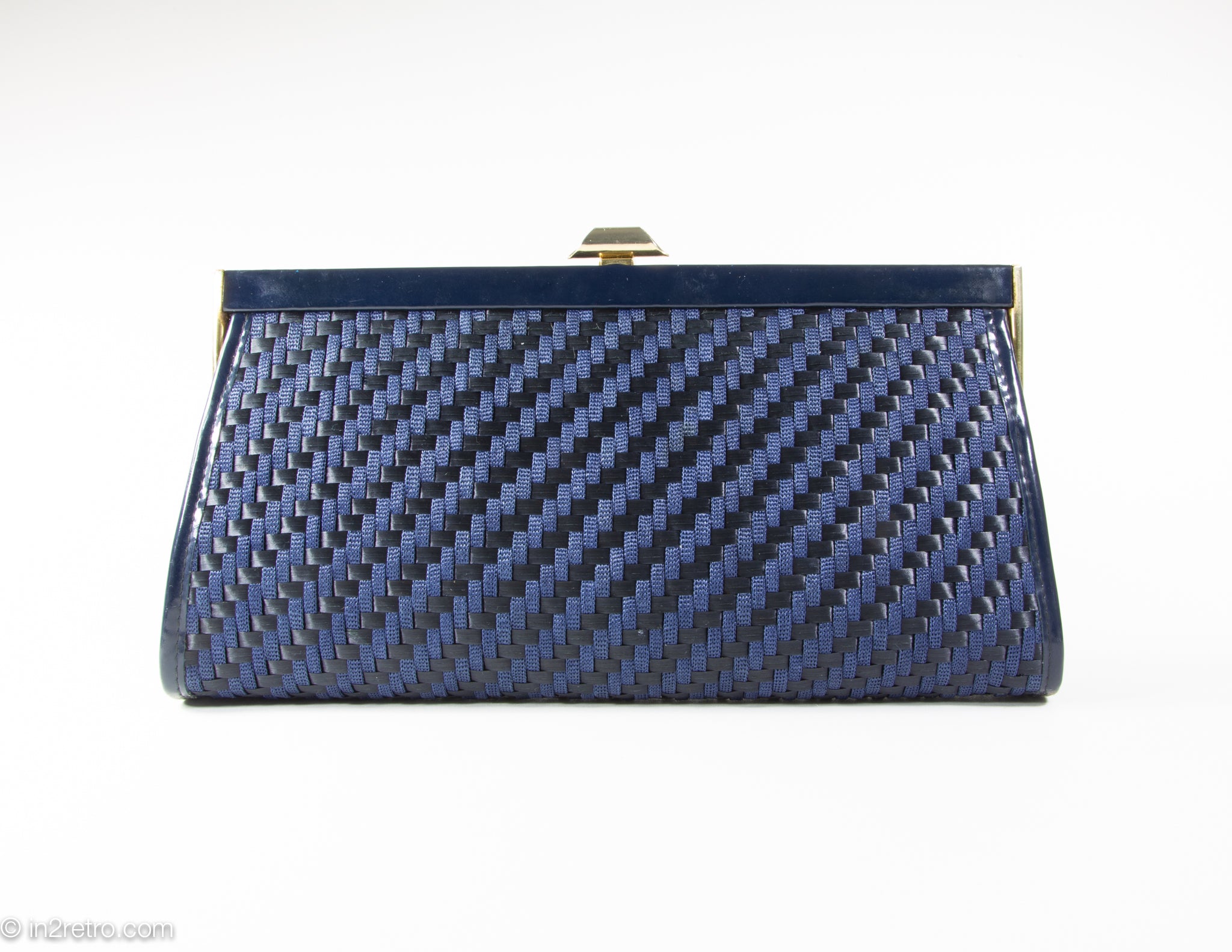 Vintage Creazioni Lucy Shoulder Bag/Clutch Navy Blue Woven Fabric / Patent Frame with Chain - 1960s