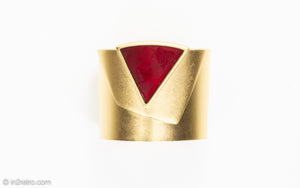 VINTAGE SIGNED MONET MATTE GOLD TONE WIDE 3D CUFF BRACELET WITH LARGE TRIANGULAR DEEP RED STONE