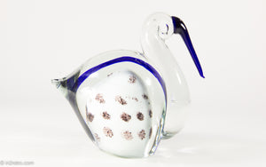 VINTAGE MURANO BLUE AND WHITE LONG BEAK BIRD WITH  BROWN MOTTLED CIRCLES BODY SCULPTURE/ PAPERWEIGHT