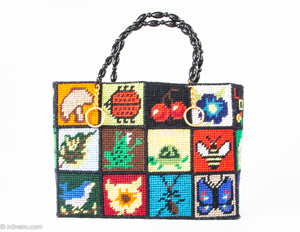 VINTAGE PRE-LOVED NEEDLEPOINT HANDMADE WOODEN BEADS DOUBLE HANDLES BAG/TOTE