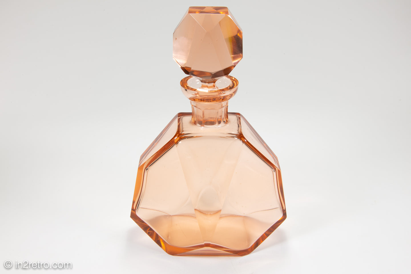 LARGE CZECH ART DECO PINK GLASS FACETED PERFUME BOTTLE WITH STOPPER