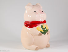Load image into Gallery viewer, VINTAGE HAPPY PINK PIG WITH RED SCARF/ BANDANA HOLDING BOUQUET OF YELLOW CORN COOKIE JAR
