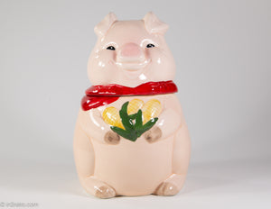 VINTAGE HAPPY PINK PIG WITH RED SCARF/ BANDANA HOLDING BOUQUET OF YELLOW CORN COOKIE JAR