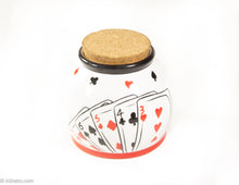 Load image into Gallery viewer, VINTAGE POKER ACE OF SPADES CERAMIC MONEY JAR WITH CORK LID/ TOPPER BY NANTUCKET HOME
