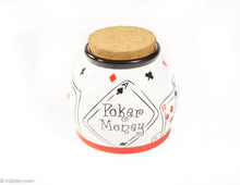 Load image into Gallery viewer, VINTAGE POKER ACE OF SPADES CERAMIC MONEY JAR WITH CORK LID/ TOPPER BY NANTUCKET HOME
