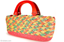 Load image into Gallery viewer, VINTAGE RED, GREEN, AND NATURAL WOVEN STRAW HANDBAG WITH RED WOODEN HANDLES
