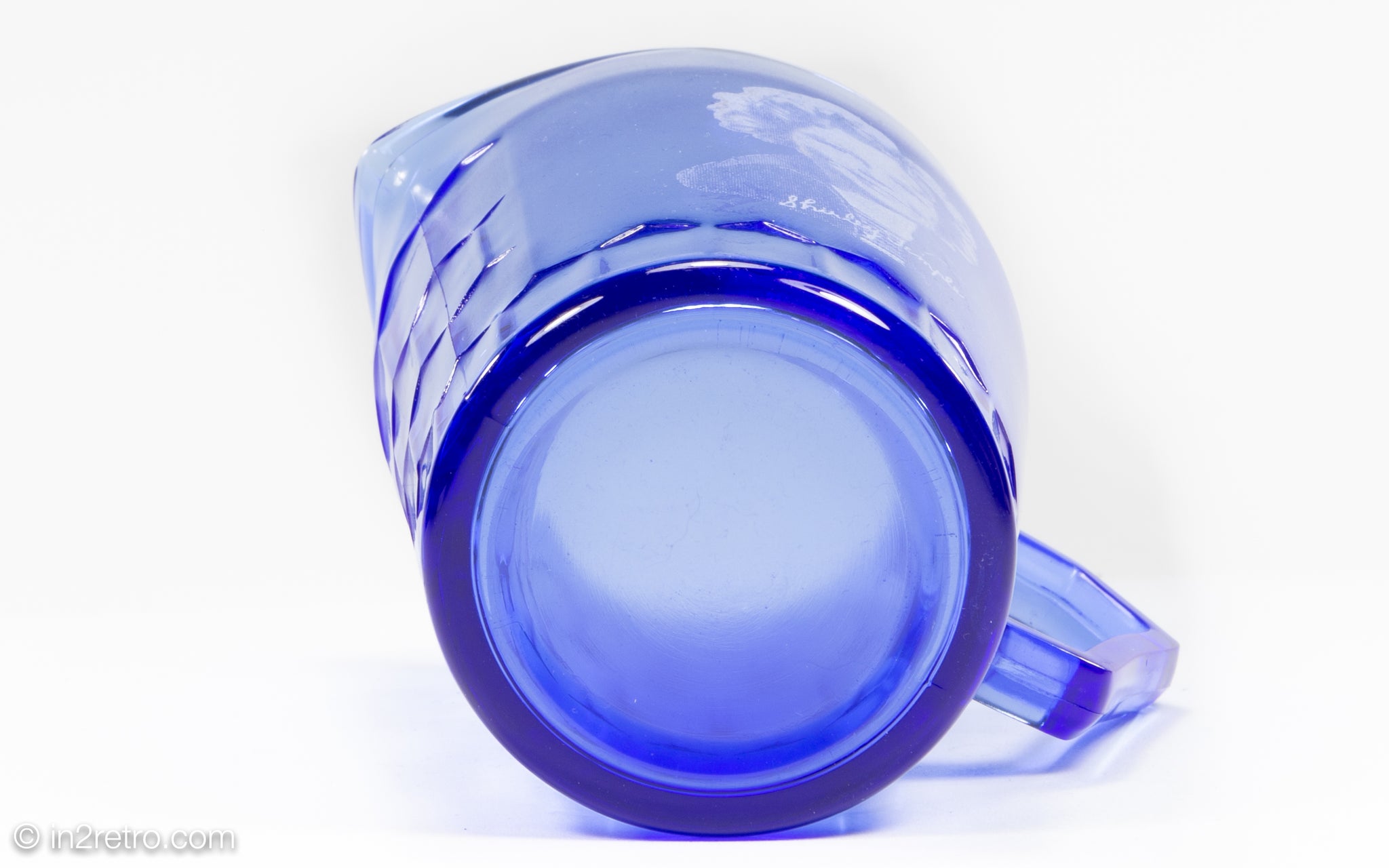 Vintage Cobalt Blue Glass Milk Pitcher Arrow Design Creamer Mid