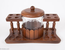 Load image into Gallery viewer, VINTAGE WALNUT WOOD 8-PIPE COLLECTIBLE DISPLAY STAND WITH WOLVERINE GLASS HUMIDOR/JAR
