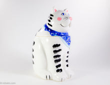 Load image into Gallery viewer, VINTAGE 1990 &quot;COCO DOWLEY&quot; BLACK &amp; WHITE STRIPED SMILING CAT COOKIE JAR
