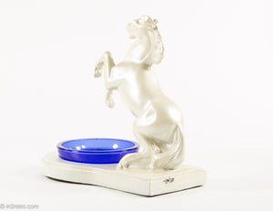 VINTAGE ART DECO (NUART?) METAL REARING HORSE ASHTRAY WITH COBALT BLUE GLASS INSERT