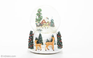 VINTAGE SNOW SCENE WIND-UP MUSICAL GLASS SNOW GLOBE "SLEIGH RIDE" | NEW OLD STOCK