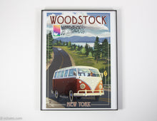 Load image into Gallery viewer, RARE FRAMED WOODSTOCK NEW YORK 50TH ANNIVERSARY VOLKSWAGEN SAMBA MICROBUS POSTER &amp; US POSTAGE STAMP FROM BETHEL, NY POST OFFICE
