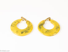Load image into Gallery viewer, VINTAGE BAKELITE OLIVE GREEN AND CORN YELLOW MARBLED/MOTTLED HOOP EARRINGS/ 1960s-1970s
